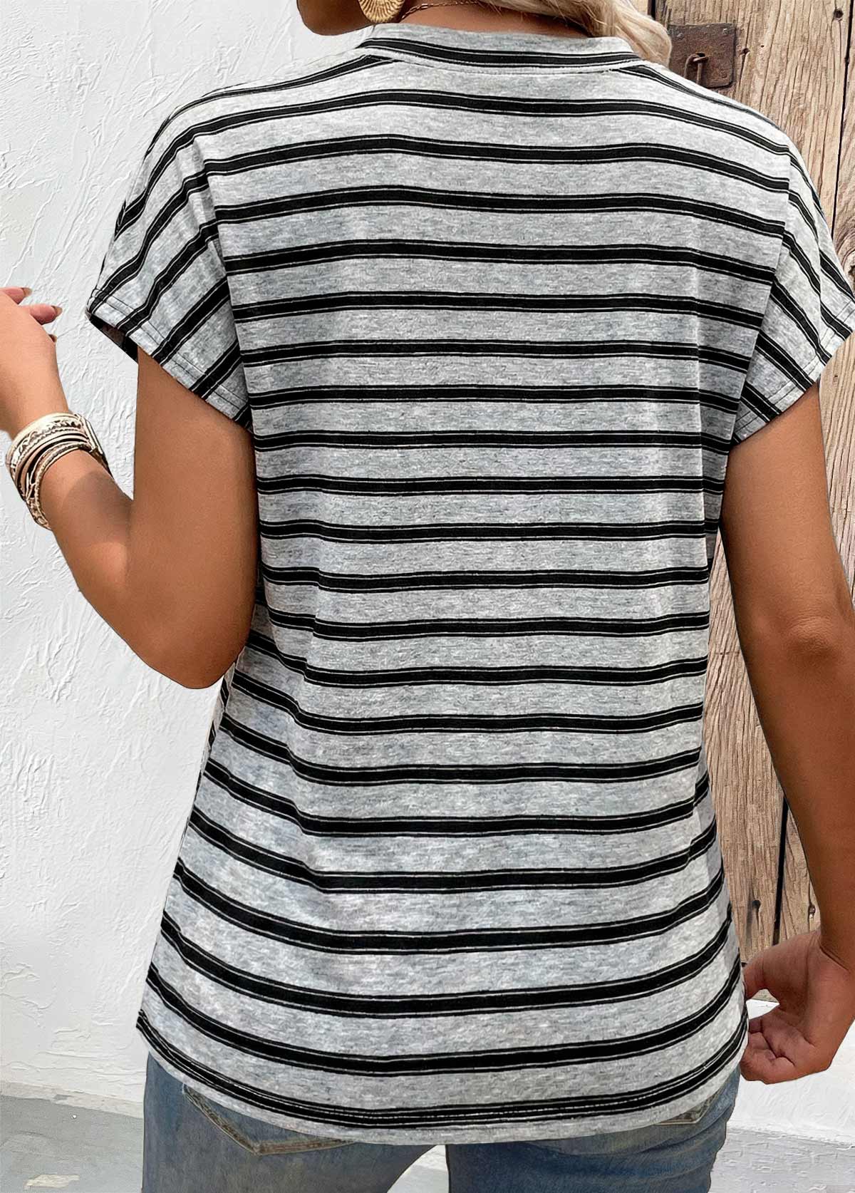Light Grey Striped Tummy Coverage Short Sleeve T Shirt | picture 