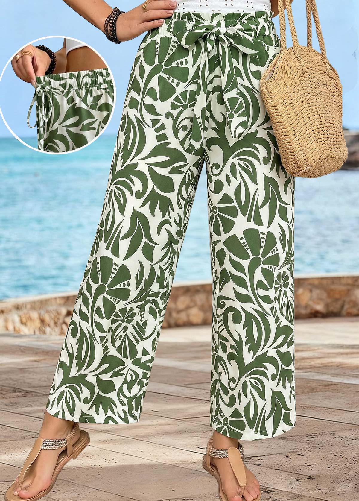 Olive Green Soft Plants Print Wide Leg Pants | picture 