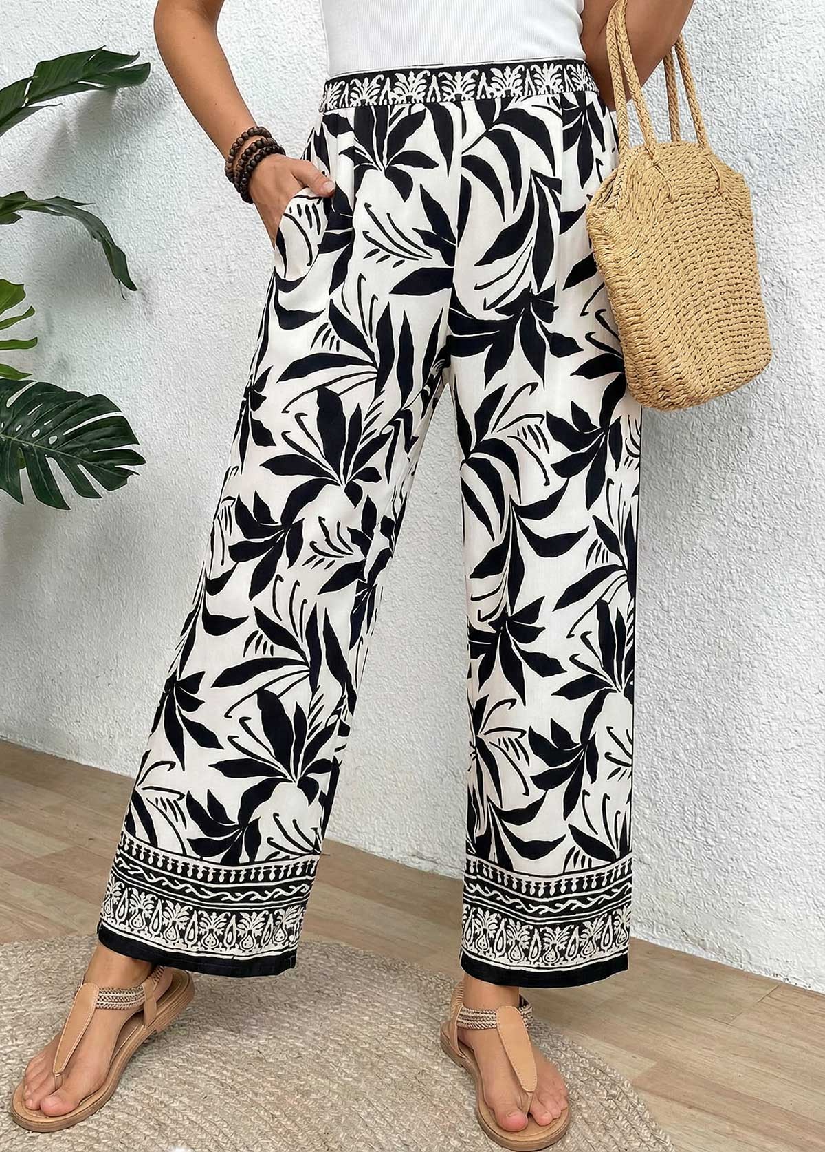 Modlily Black Soft Tropical Plants Print Wide Leg Pants - XXL