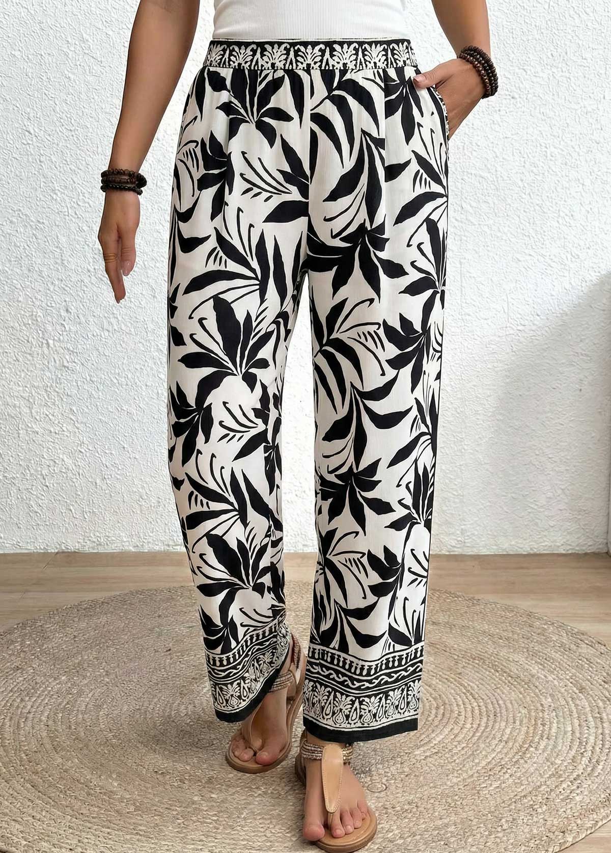 Black Soft Tropical Plants Print Wide Leg Pants | picture 