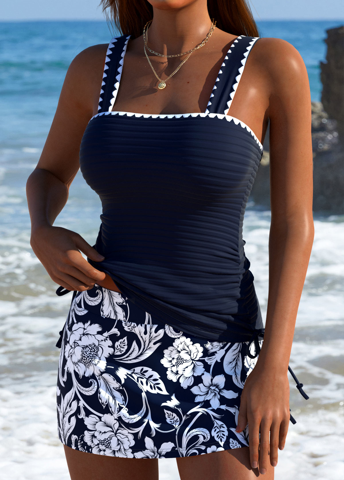 Tummy Coverage Navy Random Floral Print Tankini Set | picture 