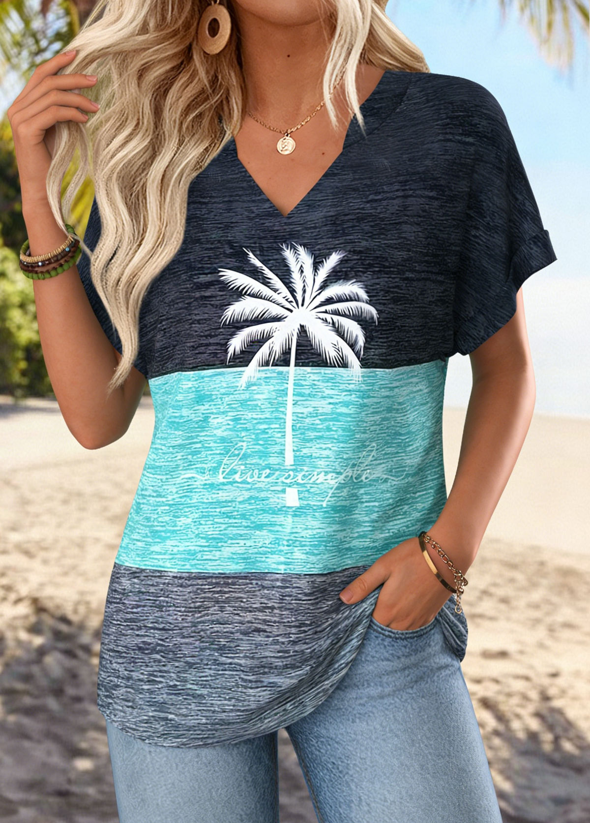 Dusty Blue Tropical Plants Print Tummy Coverage T Shirt | picture 