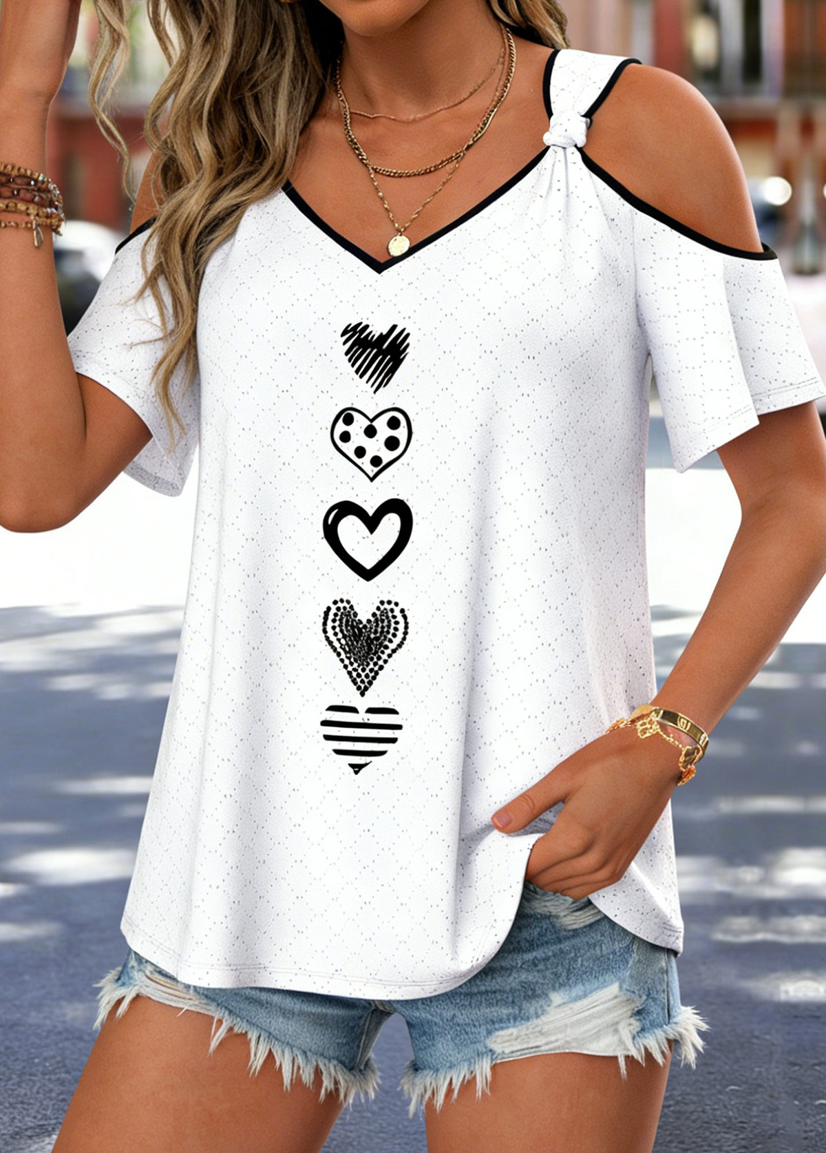 White Geometric Print Tummy Coverage Short Sleeve T Shirt | picture 