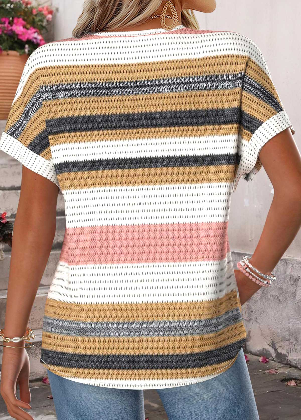 Multi Color Striped Tummy Coverage Short Sleeve T Shirt | picture 