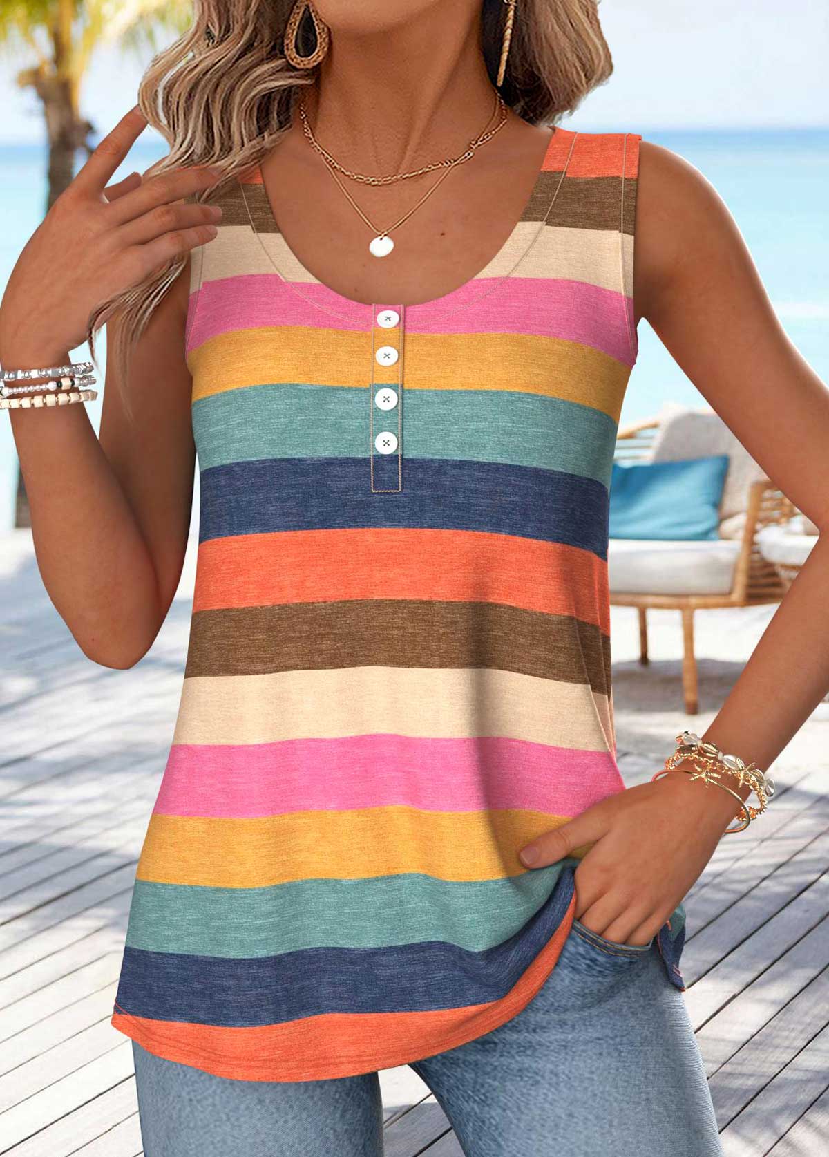 Multi Color Striped Tummy Coverage Sleeveless Tank Top | picture 