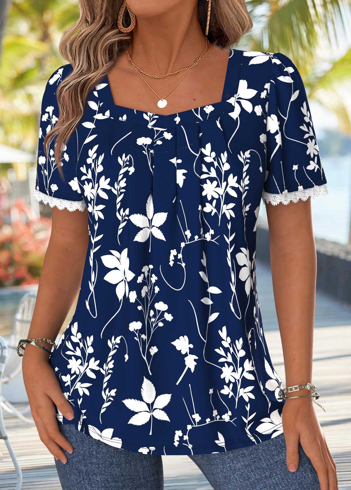Navy Floral Print Tummy Coverage Short Sleeve T Shirt | picture 