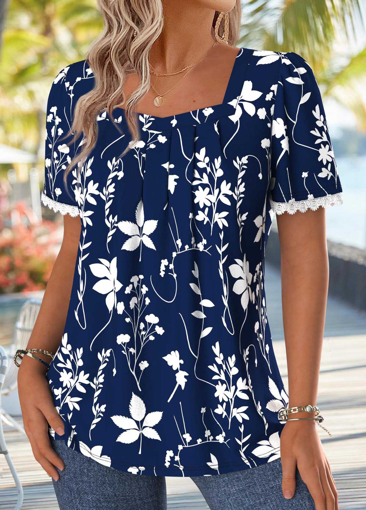 Navy Floral Print Tummy Coverage Short Sleeve T Shirt | picture 
