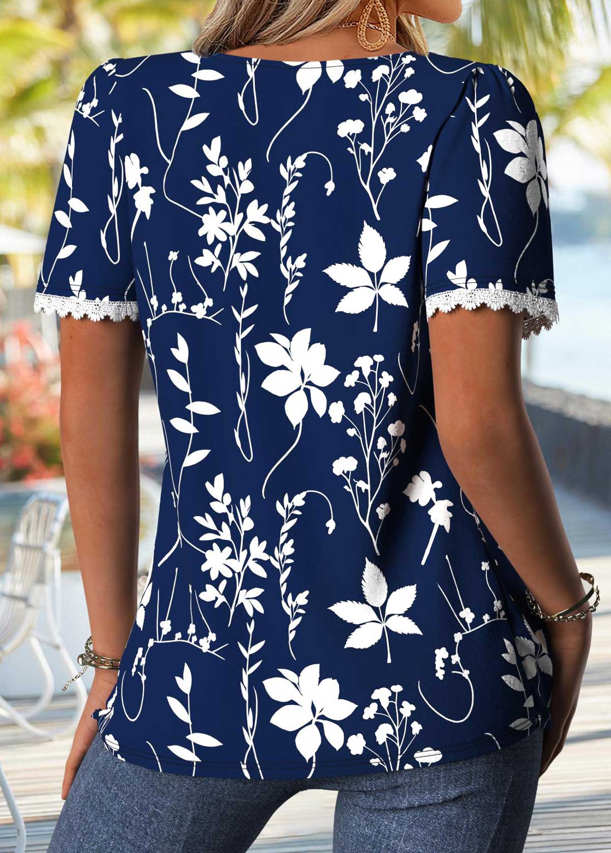 Navy Floral Print Tummy Coverage Short Sleeve T Shirt | picture 