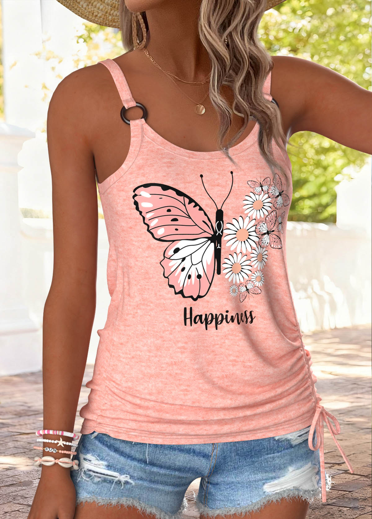 Light Pink Butterfly Print Tummy Coverage Strappy Camisole Top | picture 