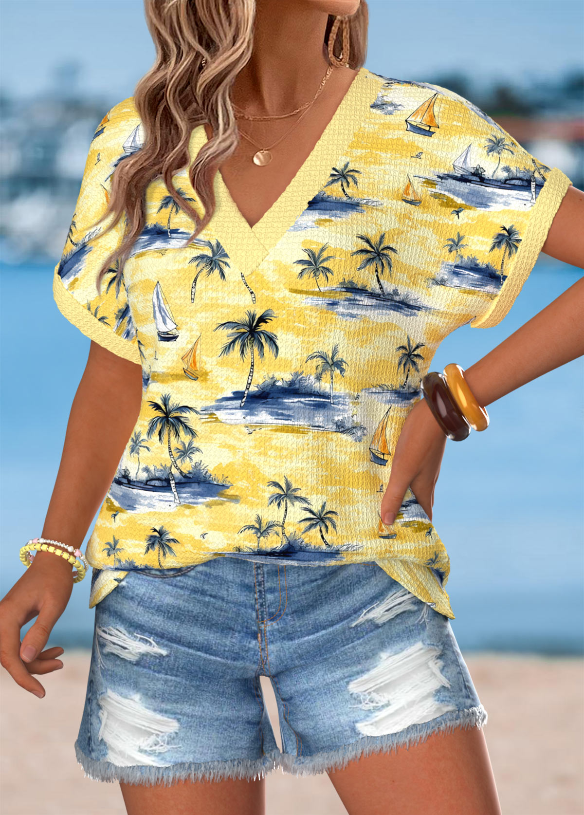 Yellow Tropical Plants Print Curved Hem T Shirt | picture 