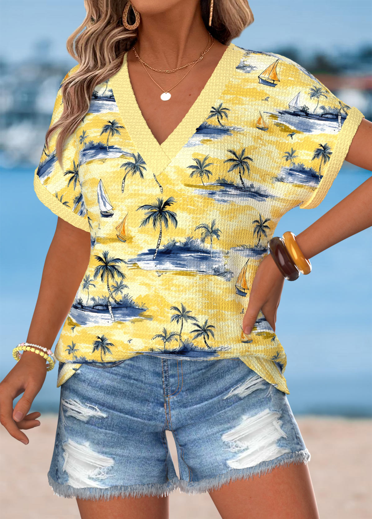 Yellow Tropical Plants Print Curved Hem T Shirt | picture 