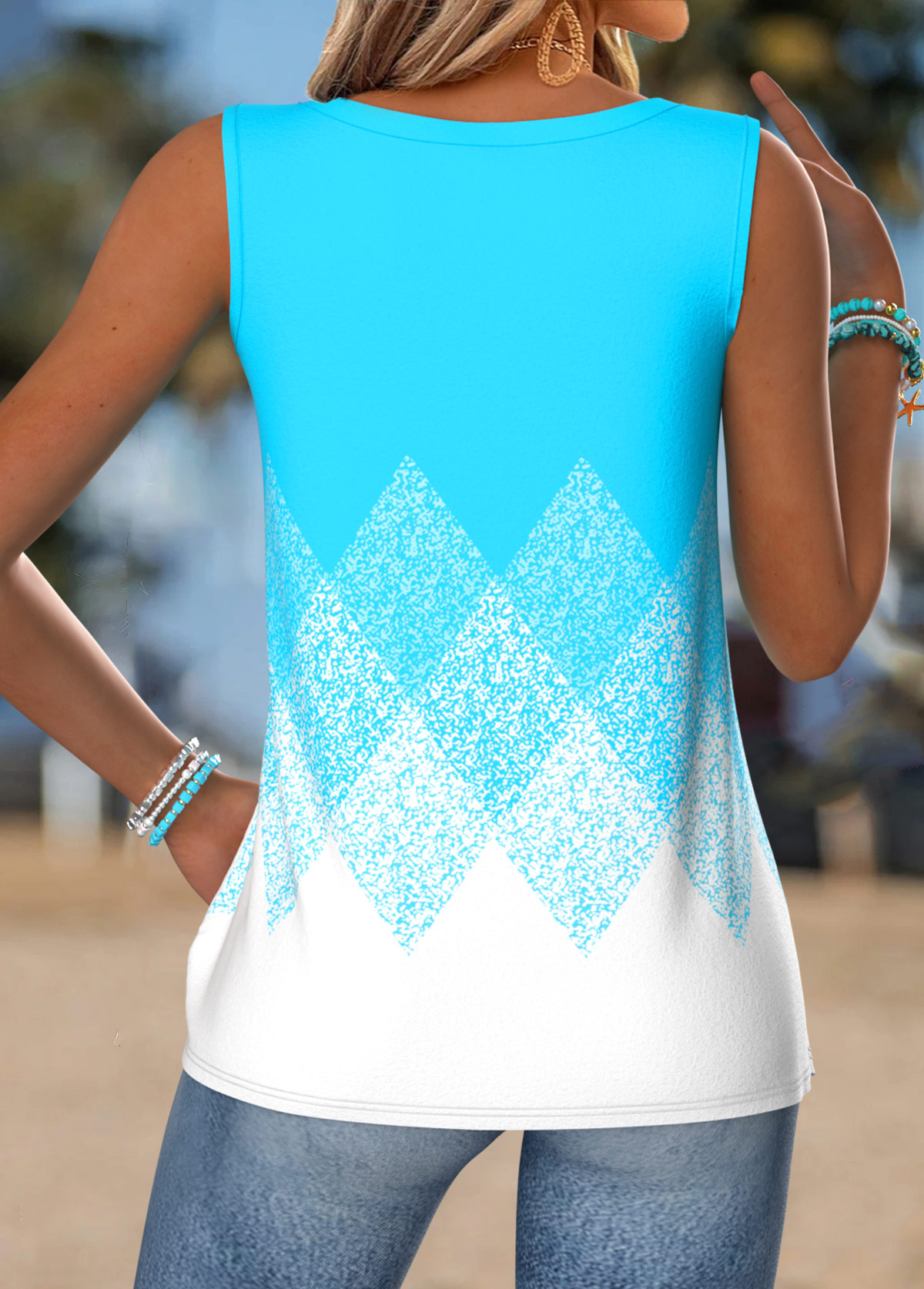 Cyan Geometric Print Button Sleeveless Round Neck Tank Top | picture 
