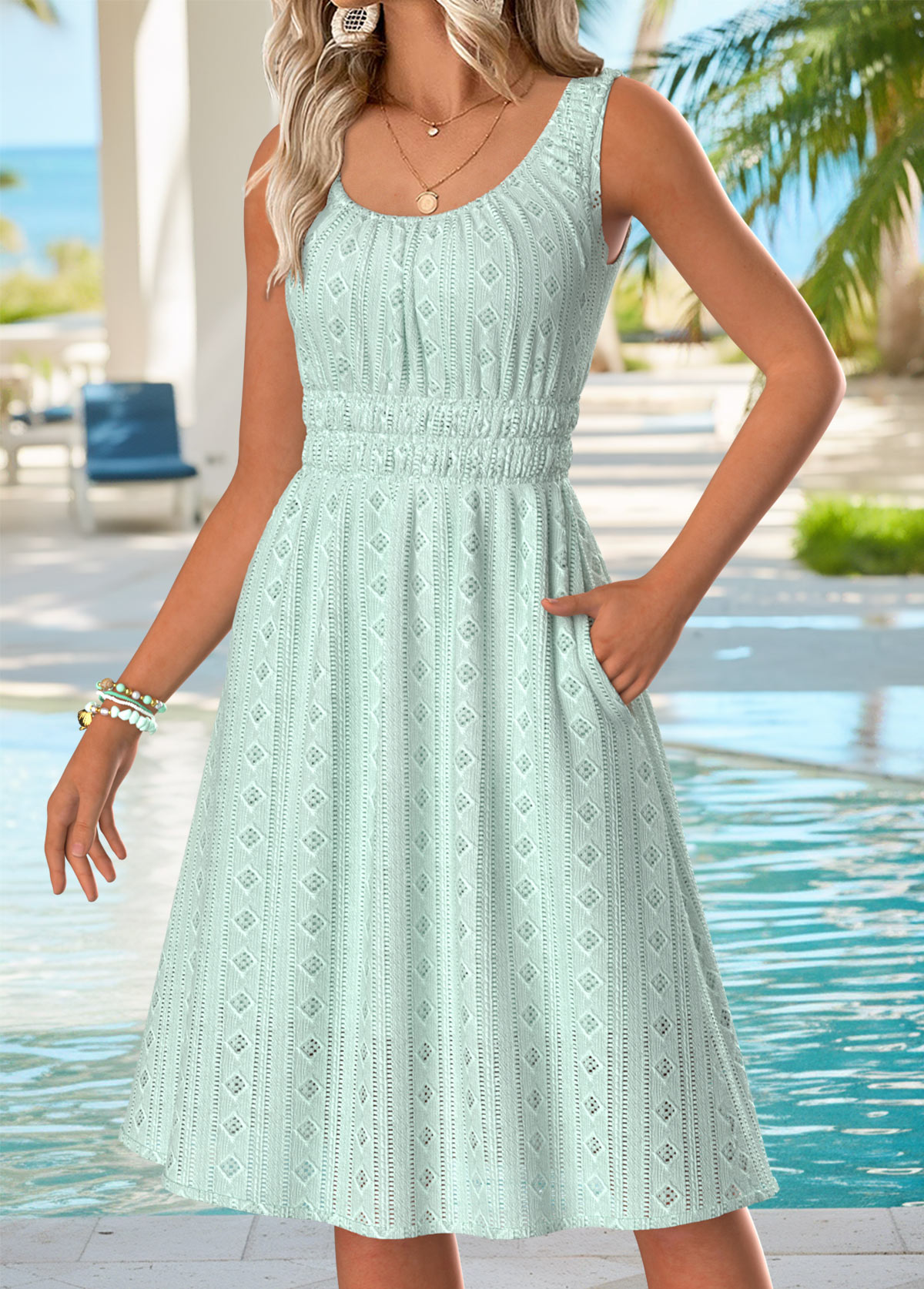 Light Green Tummy Coverage Sleeveless Round Neck Dress | picture 