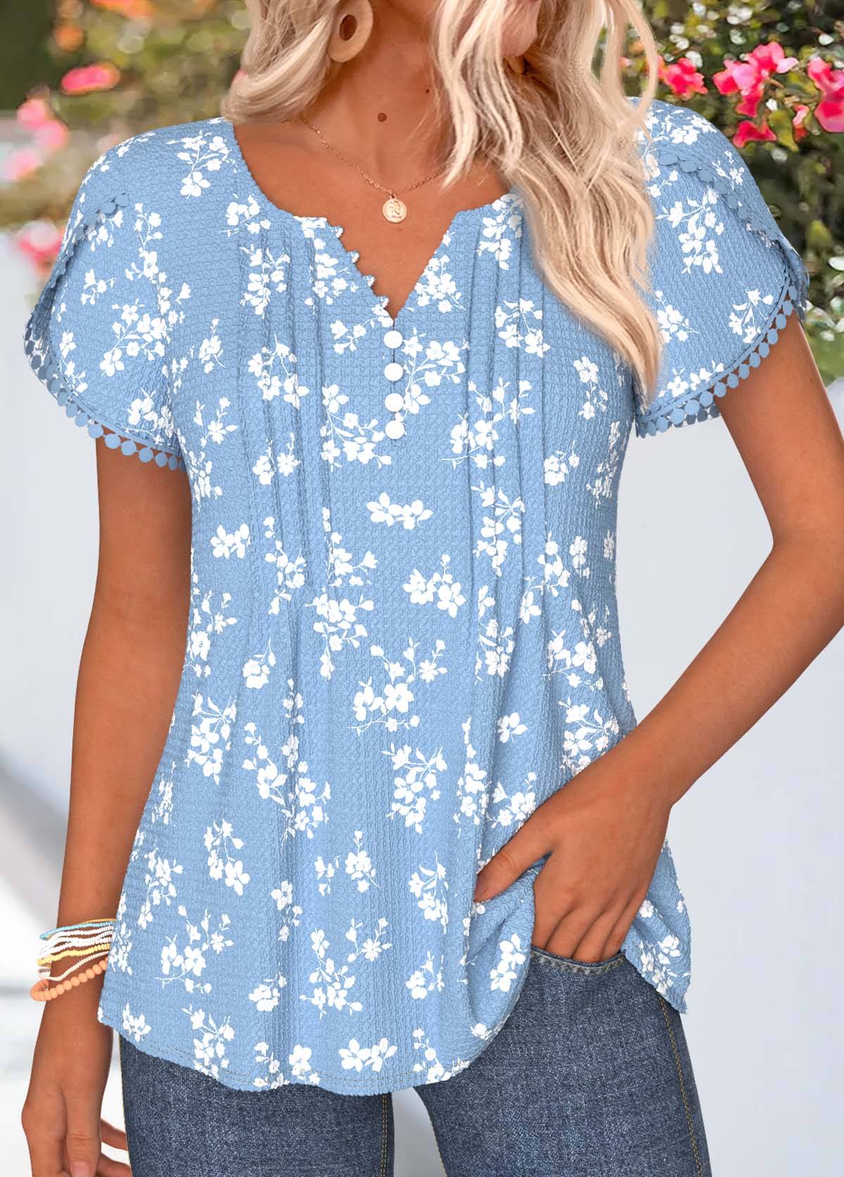Light Blue Floral Print Tummy Coverage T Shirt | picture 
