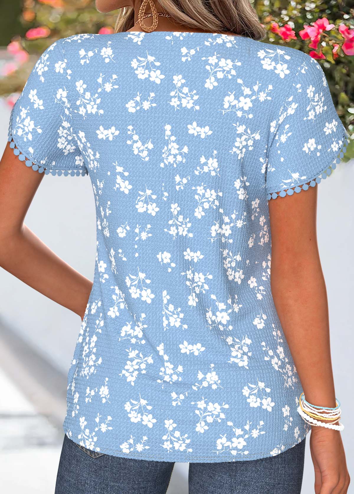 Light Blue Floral Print Tummy Coverage T Shirt | picture 