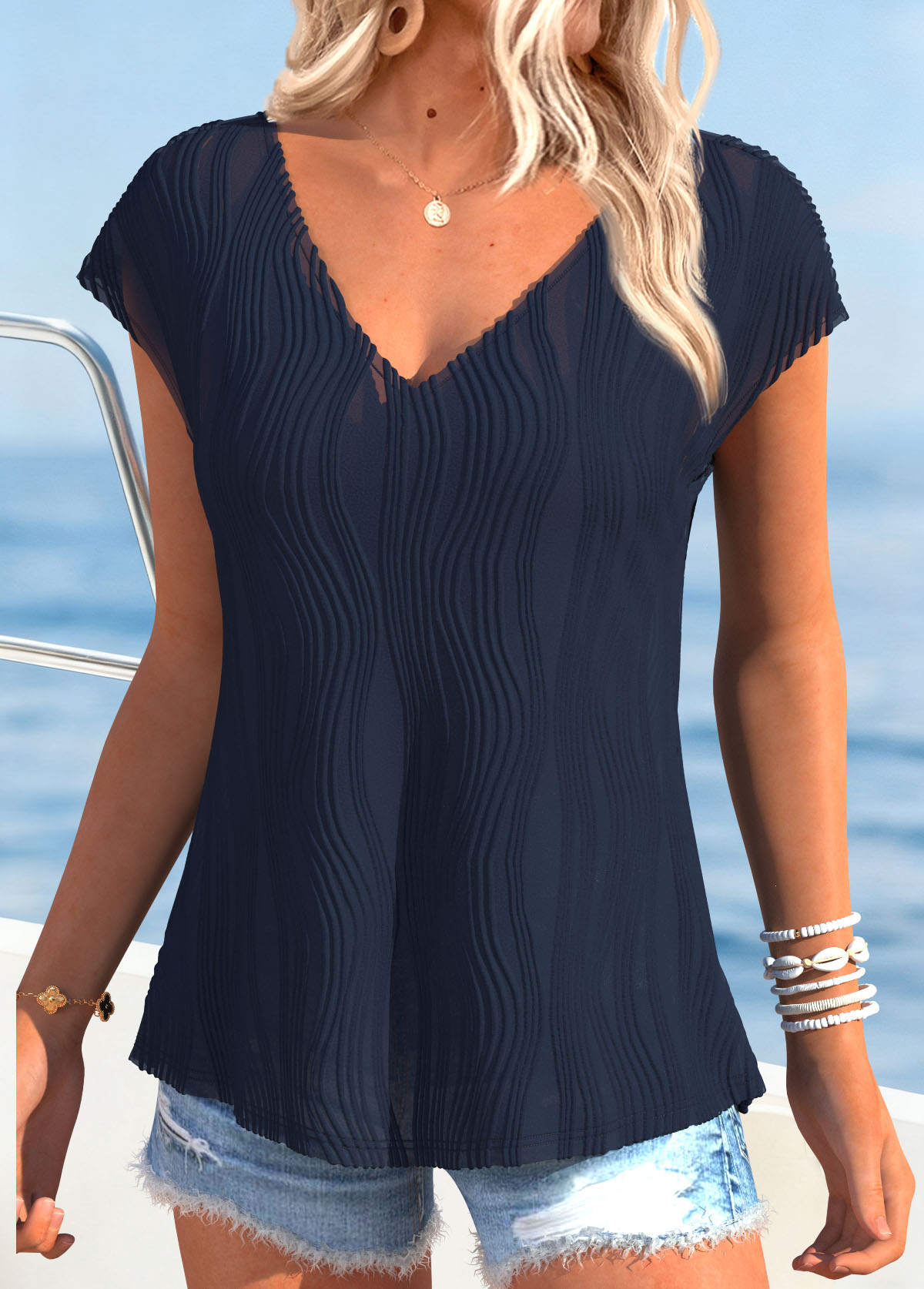 Navy Tummy Coverage Striped Short Sleeve T Shirt | picture 
