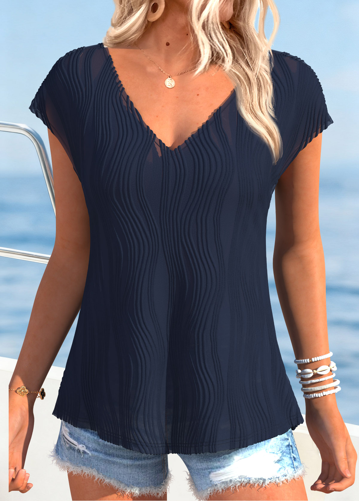 Navy Tummy Coverage Striped Short Sleeve T Shirt | picture 
