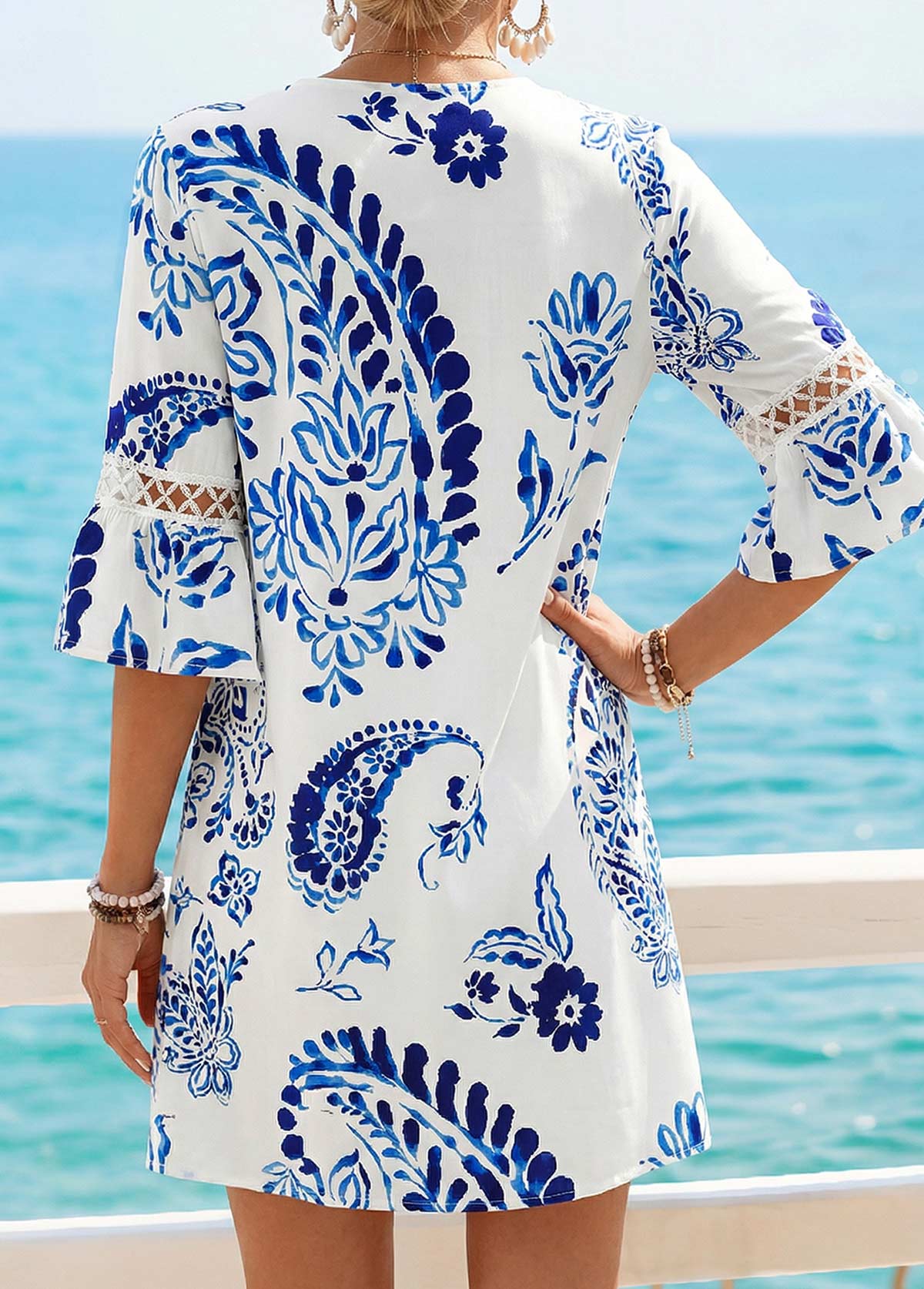 White Tribal Print Short Tummy Coverage Half Sleeve Dress | picture 