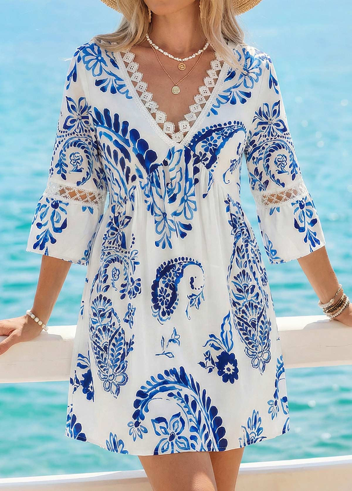 White Tribal Print Short Tummy Coverage Half Sleeve Dress | picture 