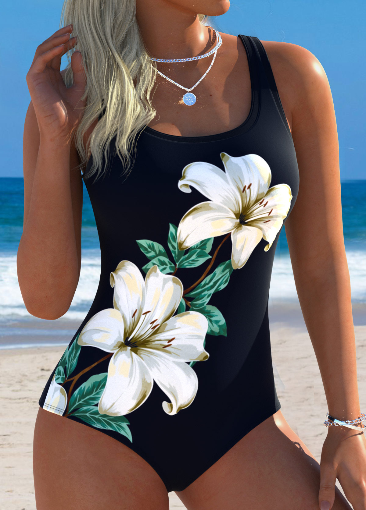 Tummy Control Leaf Print Royal Blue One Piece Swimwear | picture 