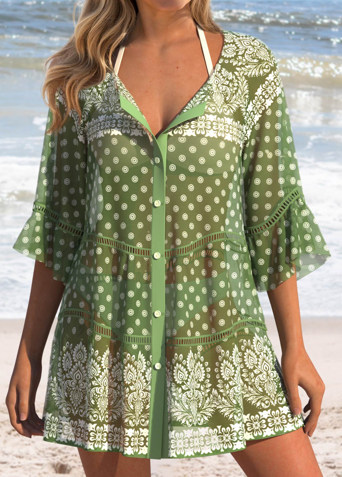 Tummy Coverage Tribal Print Green Cover Up | picture 