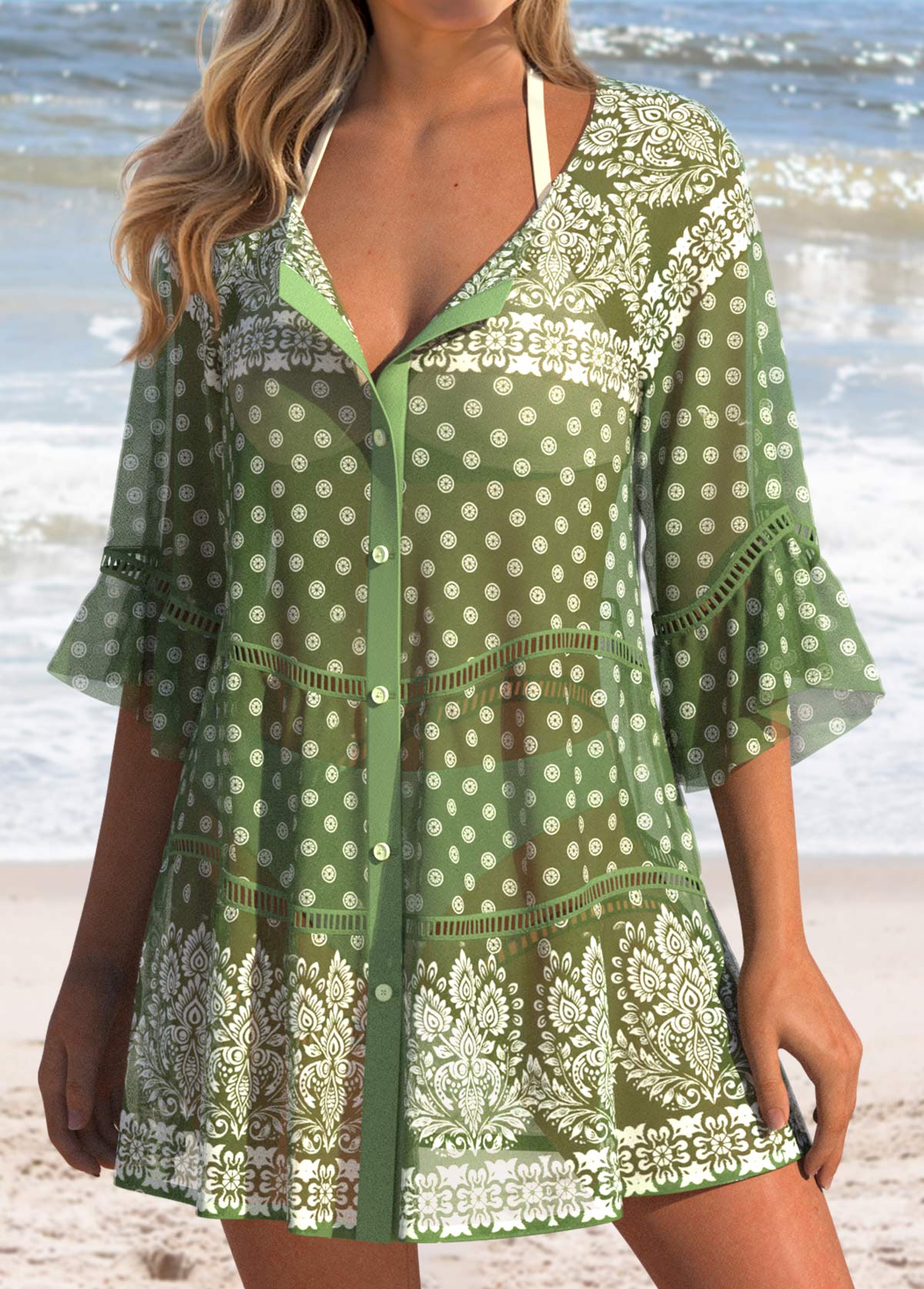 Tummy Coverage Tribal Print Green Cover Up | picture 