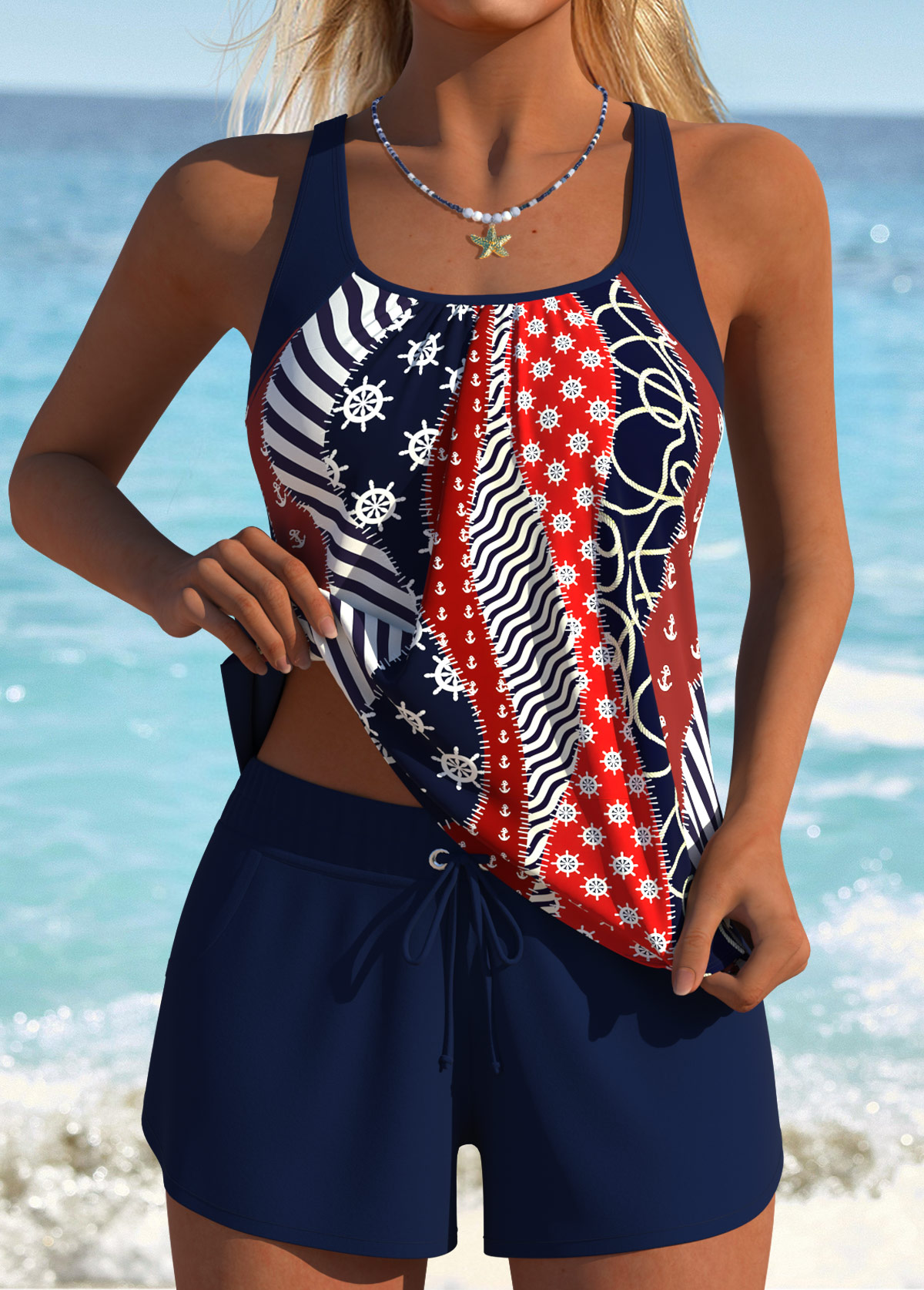 Tummy Coverage Mid Waisted Geometric Print Navy Tankini Set | picture 