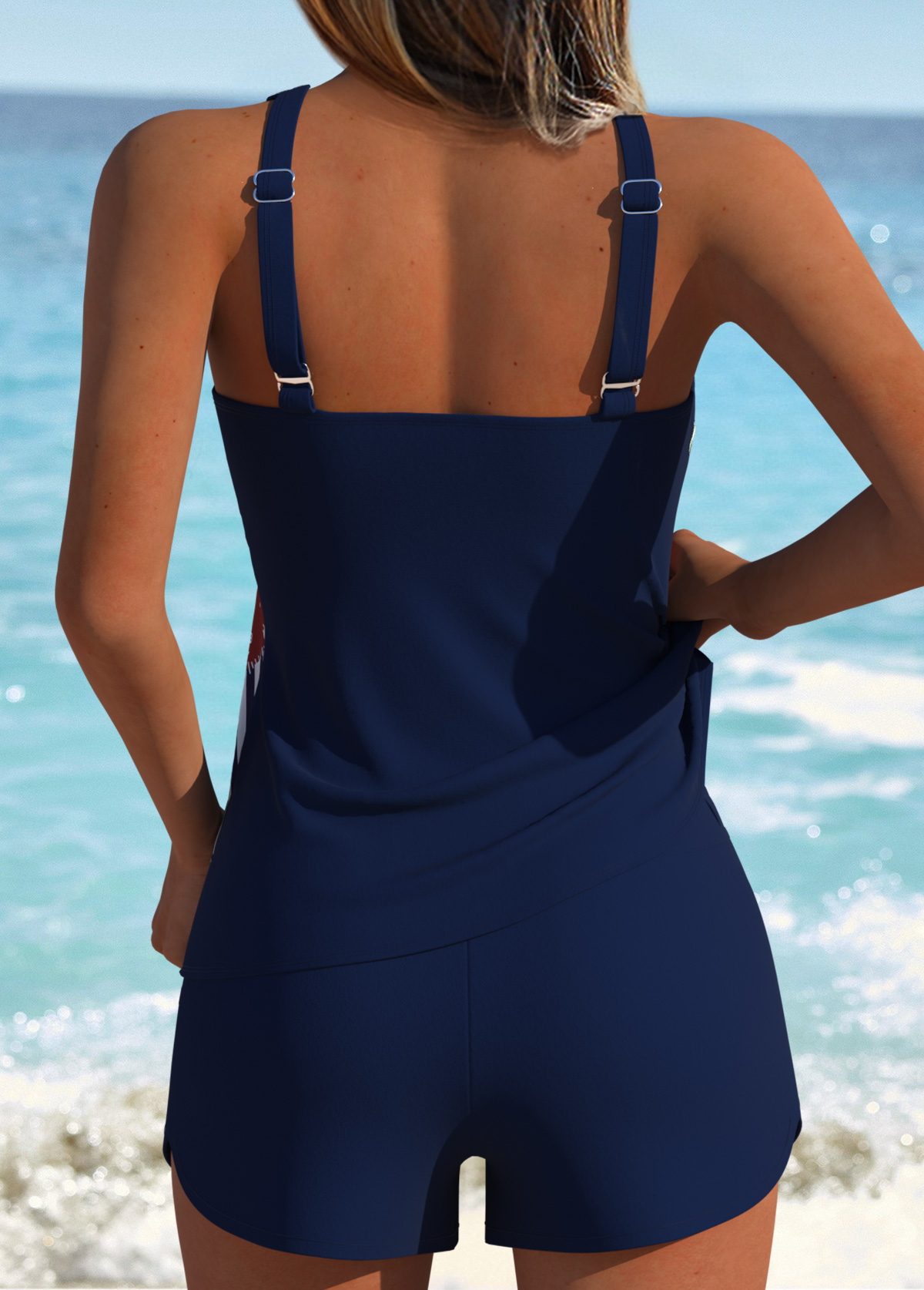 Tummy Coverage Mid Waisted Geometric Print Navy Tankini Set | picture 