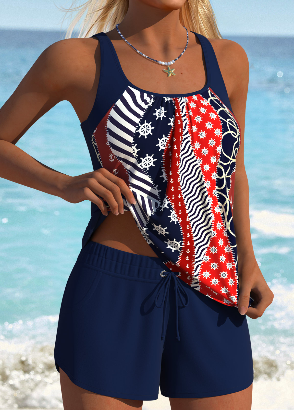 Tummy Coverage Mid Waisted Geometric Print Navy Tankini Set | picture 