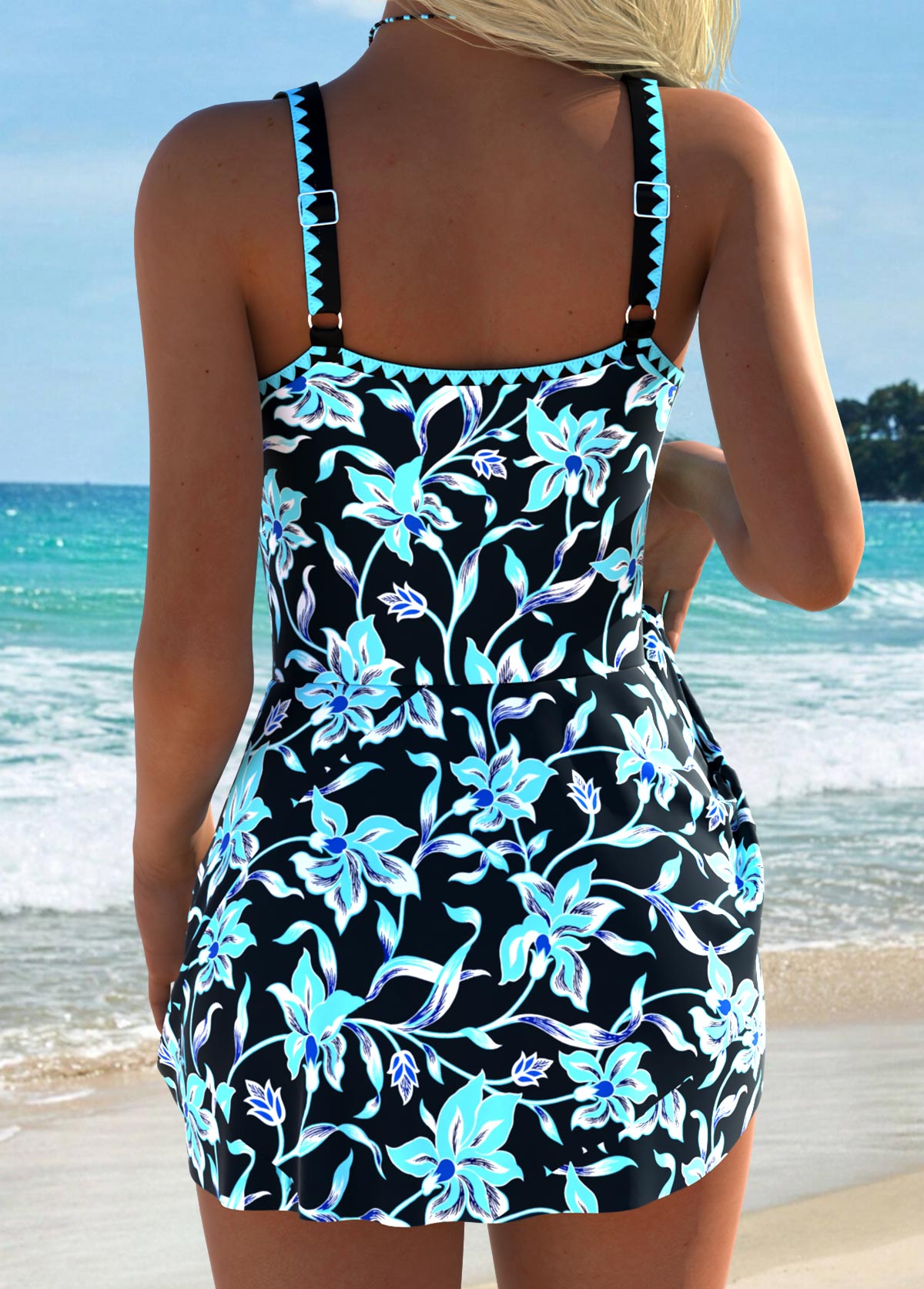 Tummy Coverage Random Floral Print Cyan One Piece Swimdress | picture 