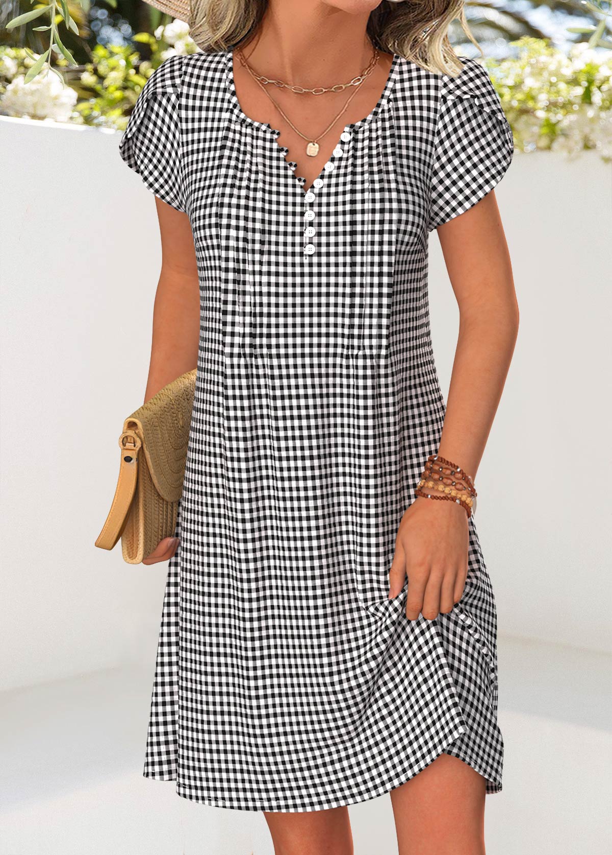 Black Plaid Short Tummy Coverage Split Neck Dress | picture 