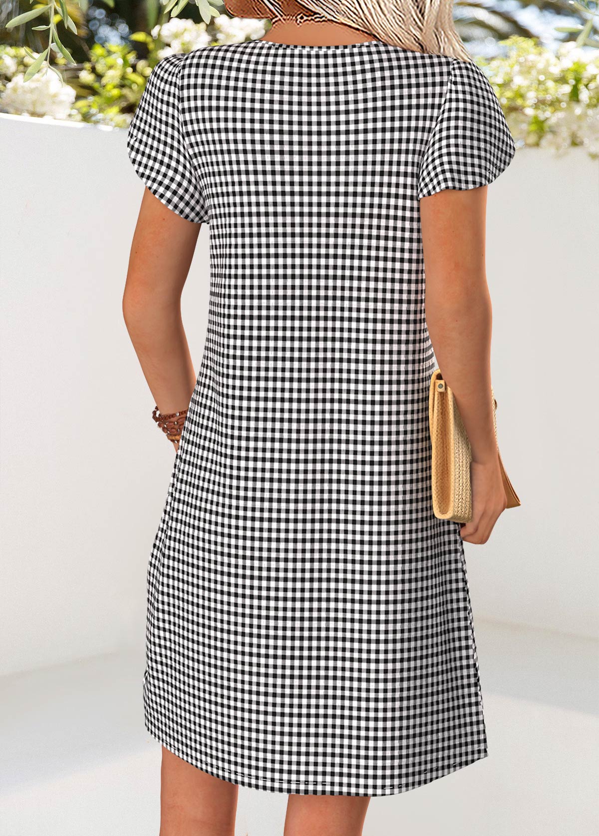Black Plaid Short Tummy Coverage Split Neck Dress | picture 