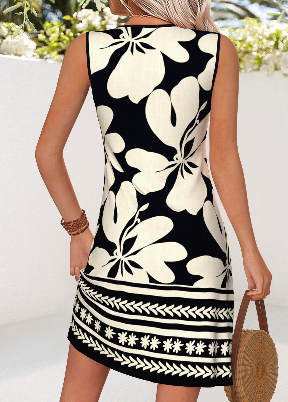 Black Floral Print Short Tummy Coverage Sleeveless Dress | picture 