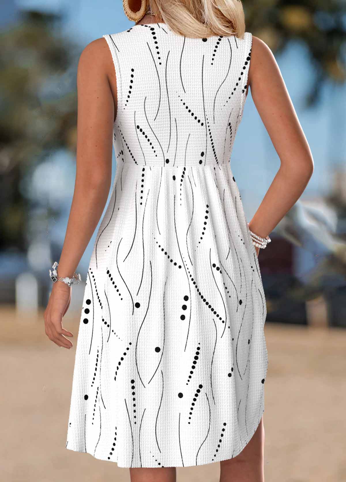 White Geometric Print Short Tummy Coverage Sleeveless Dress | picture 