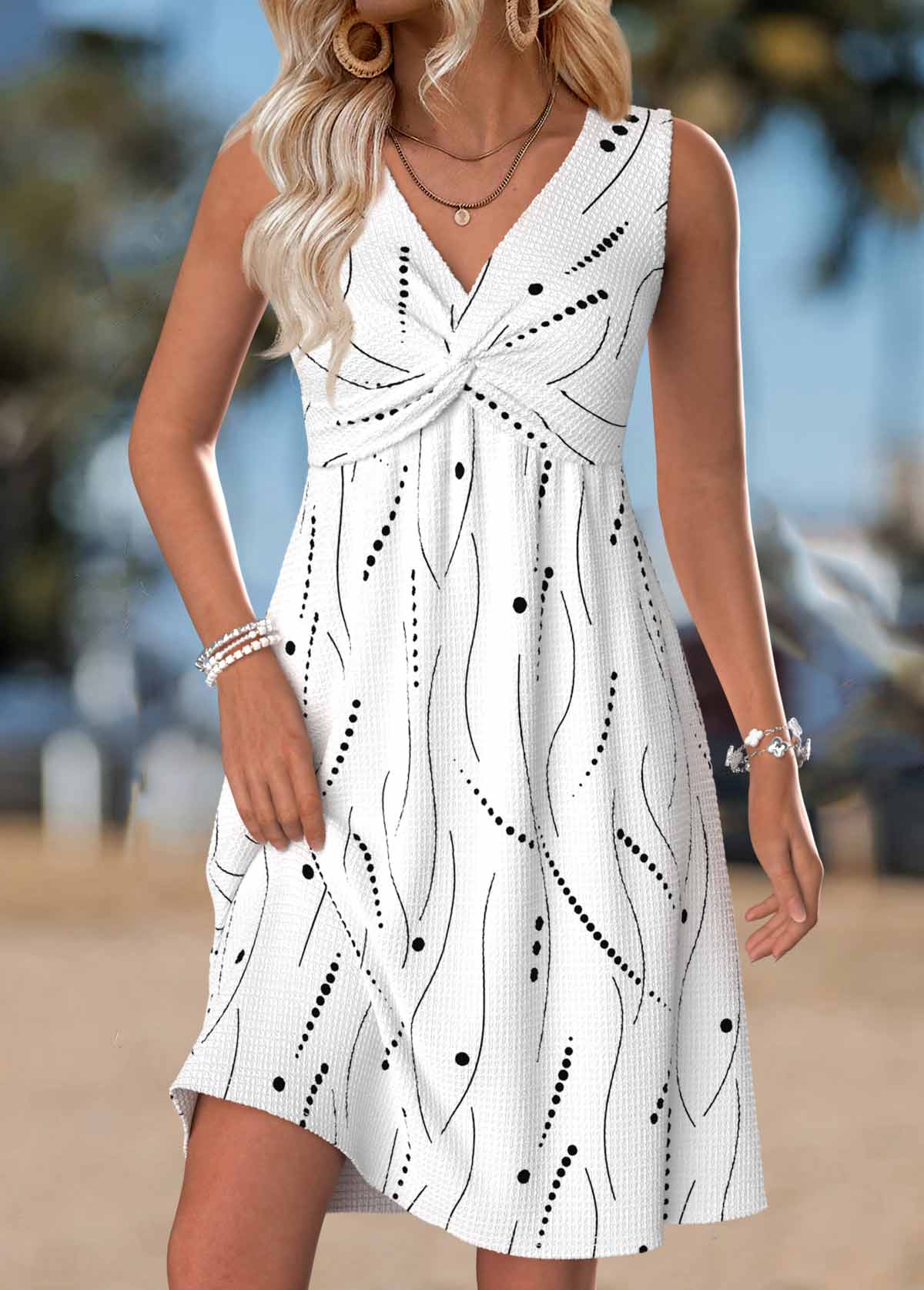 White Geometric Print Short Tummy Coverage Sleeveless Dress | picture 