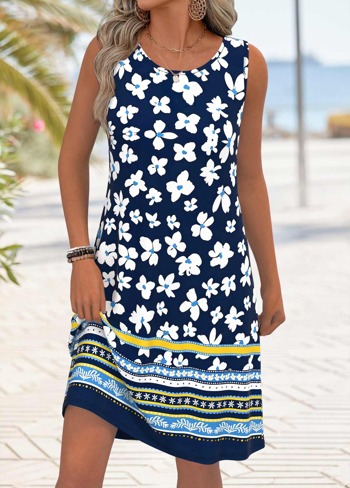 Navy Floral Print Tummy Coverage Sleeveless Round Neck Dress | picture 