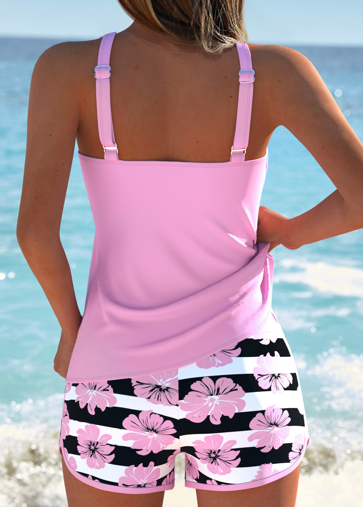 Pink Mid Waisted Tummy Coverage Striped Tankini Set | picture 