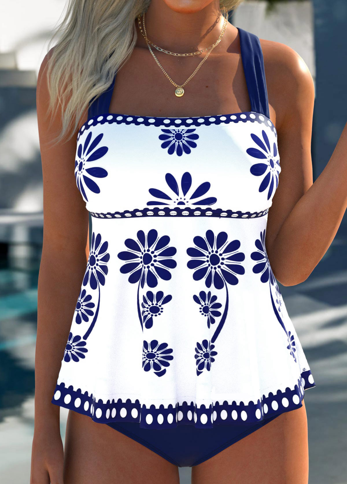 Navy Mid Waisted Patchwork Floral Print Tankini Set | picture 
