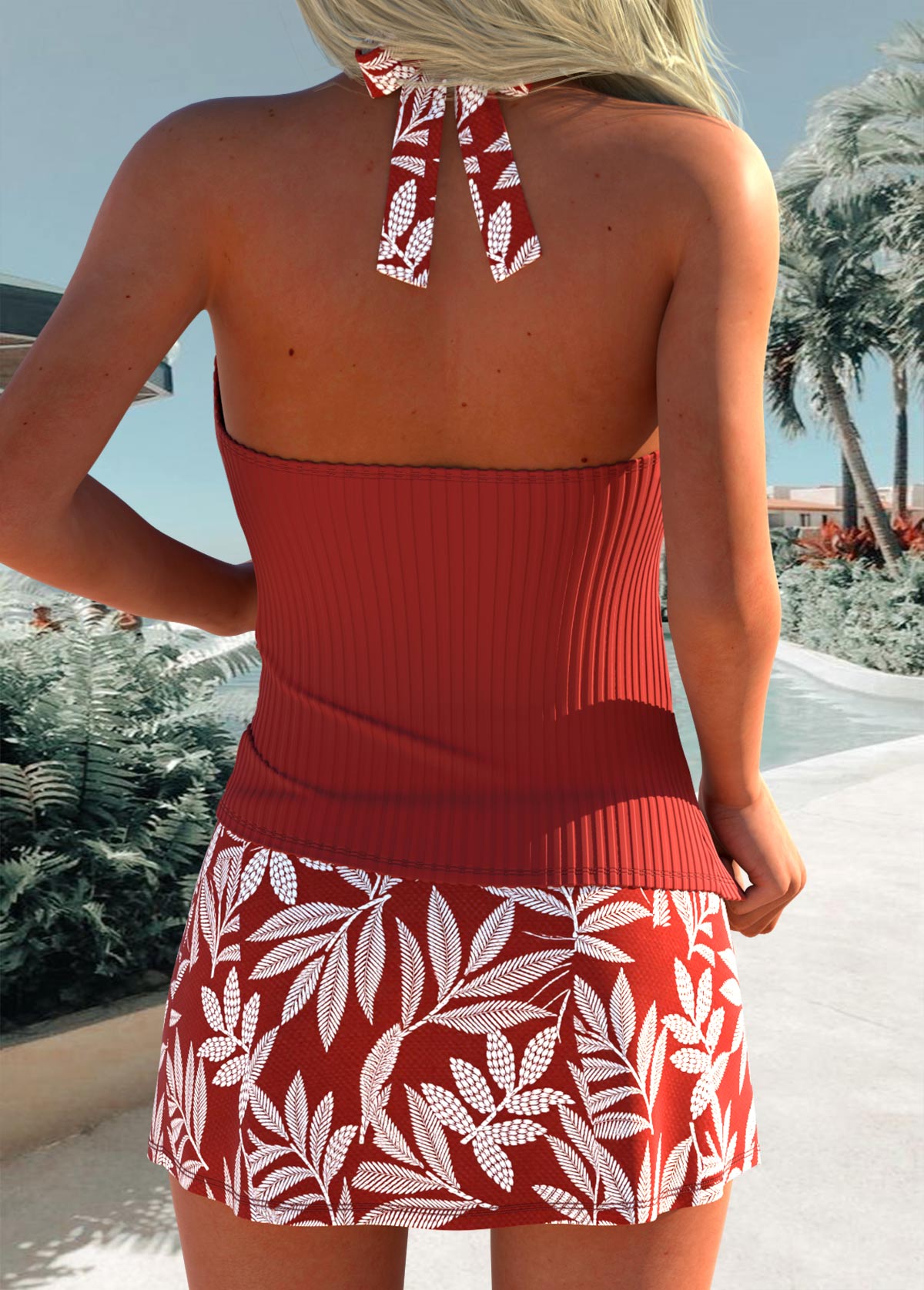 Wine Red Mid Waisted Floral Print Tankini Set | picture 