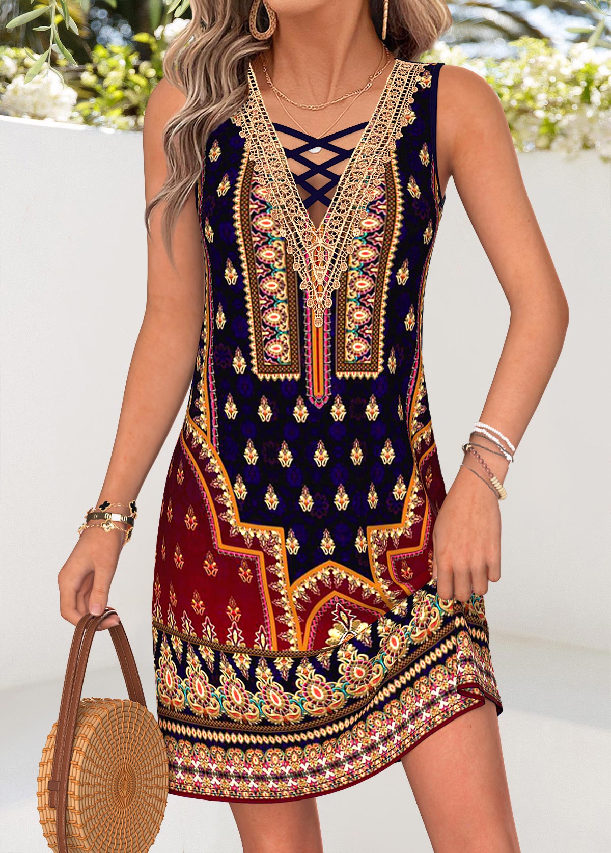 Multi Color Tribal Print Short Tummy Coverage Sleeveless Dress | picture 