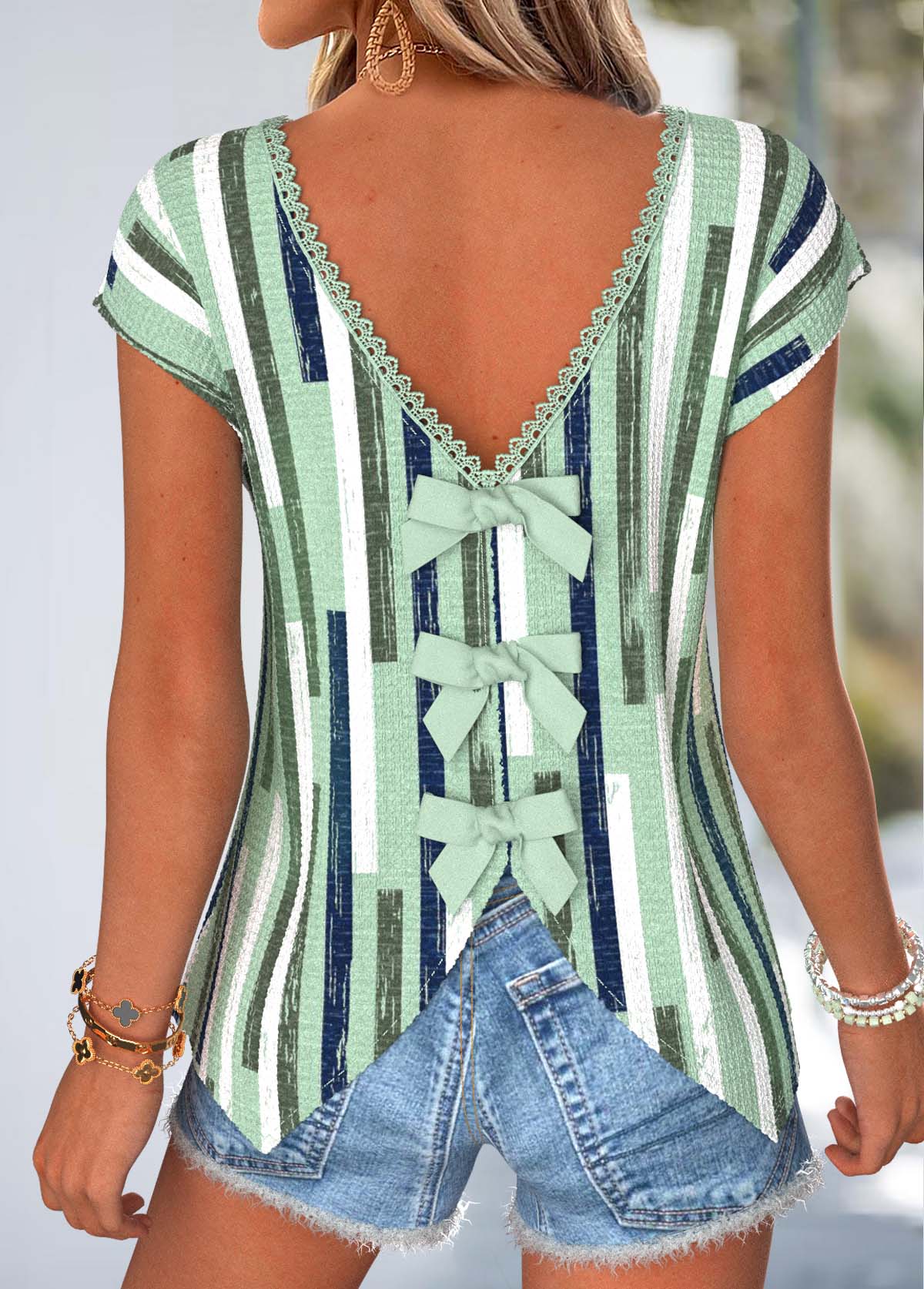 Sage Green Geometric Print Bowknot Short Sleeve T Shirt | picture 