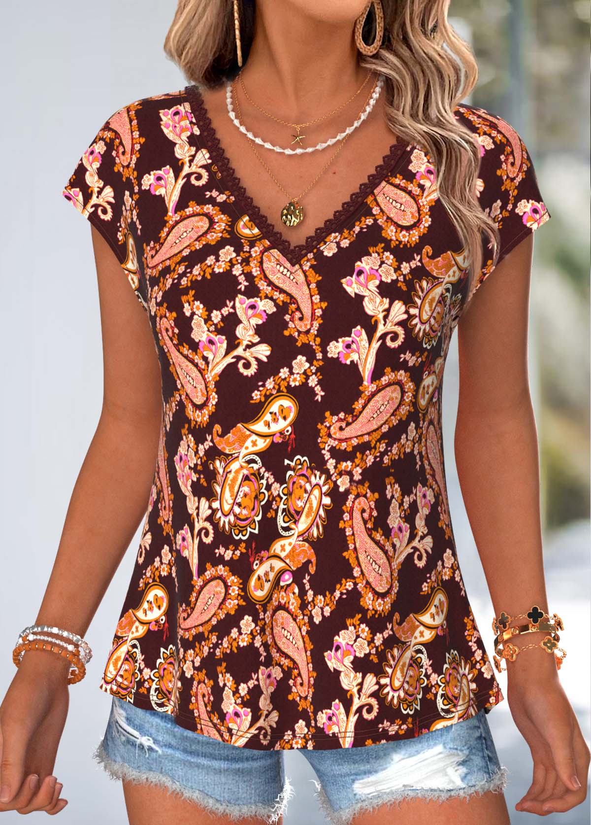 Deep Red Paisley Print Bowknot Short Sleeve T Shirt | picture 