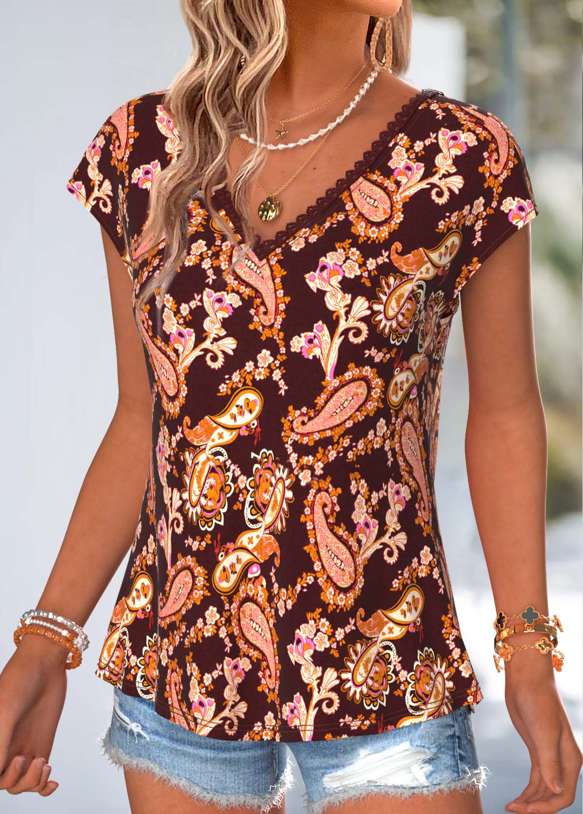 Deep Red Paisley Print Bowknot Short Sleeve T Shirt | picture 