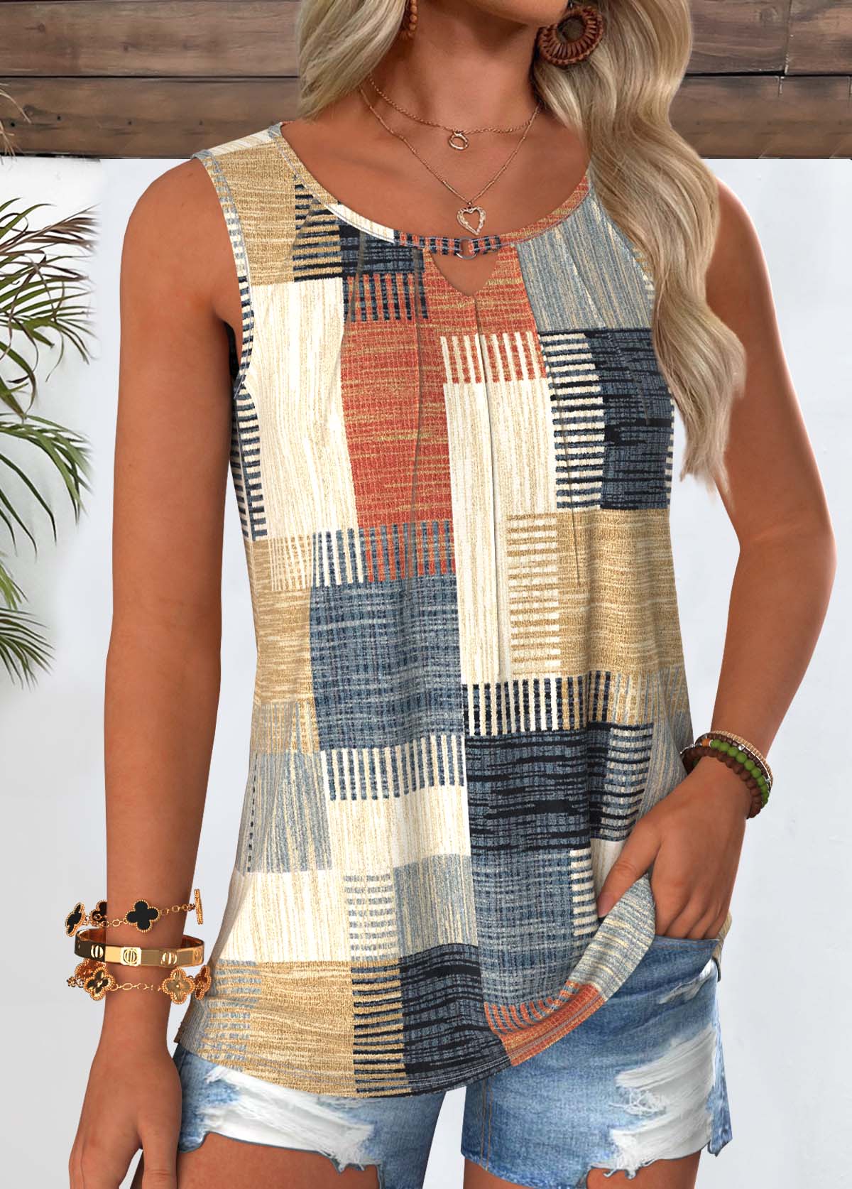Multi Color Geometric Print Tuck Stitch Sleeveless Tank Top | picture 