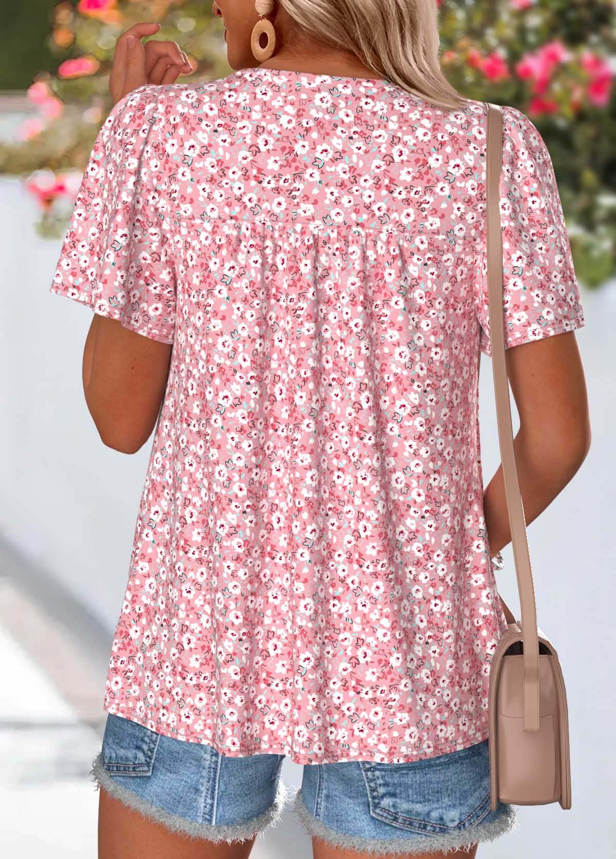Pink Ditsy Floral Print Curved Hem T Shirt | picture 