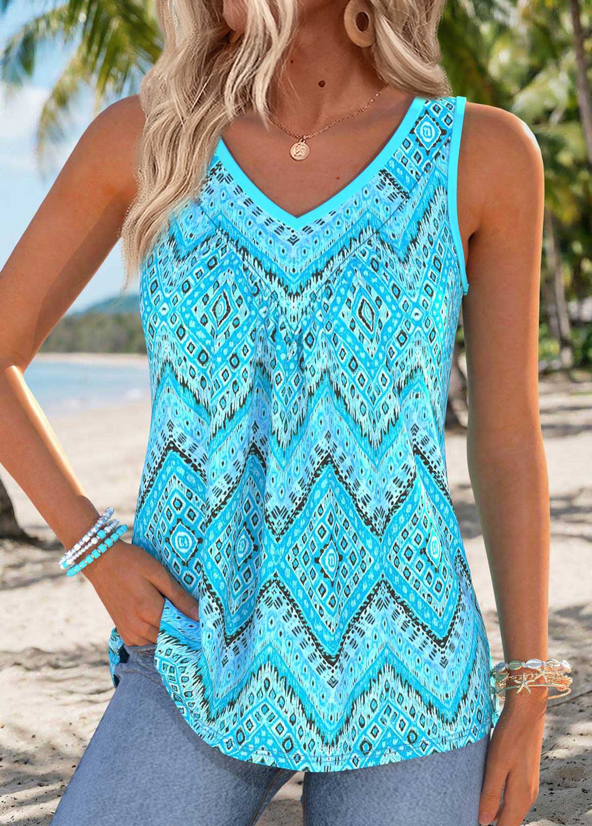Cyan Geometric Print Tummy Coverage Sleeveless Tank Top | picture 