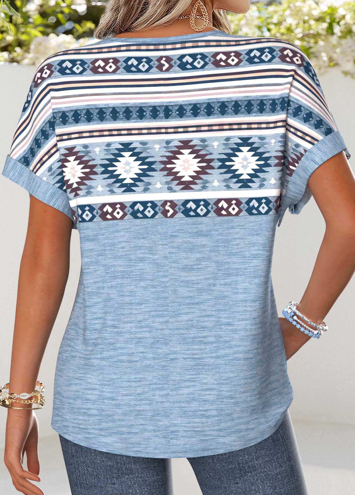 Dusty Blue Tribal Print Tummy Coverage T Shirt | picture 