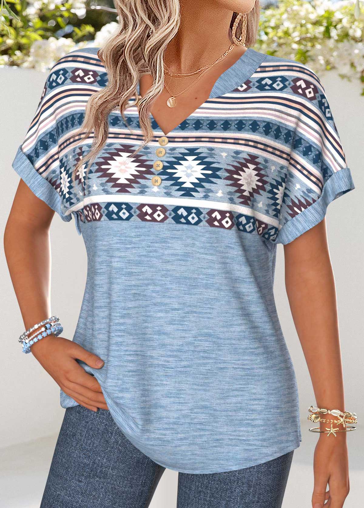 Dusty Blue Tribal Print Tummy Coverage T Shirt | picture 
