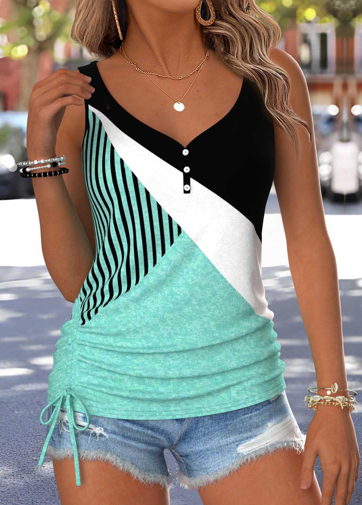 Mint Green Geometric Print Tummy Coverage Sleeveless Tank Top | picture 