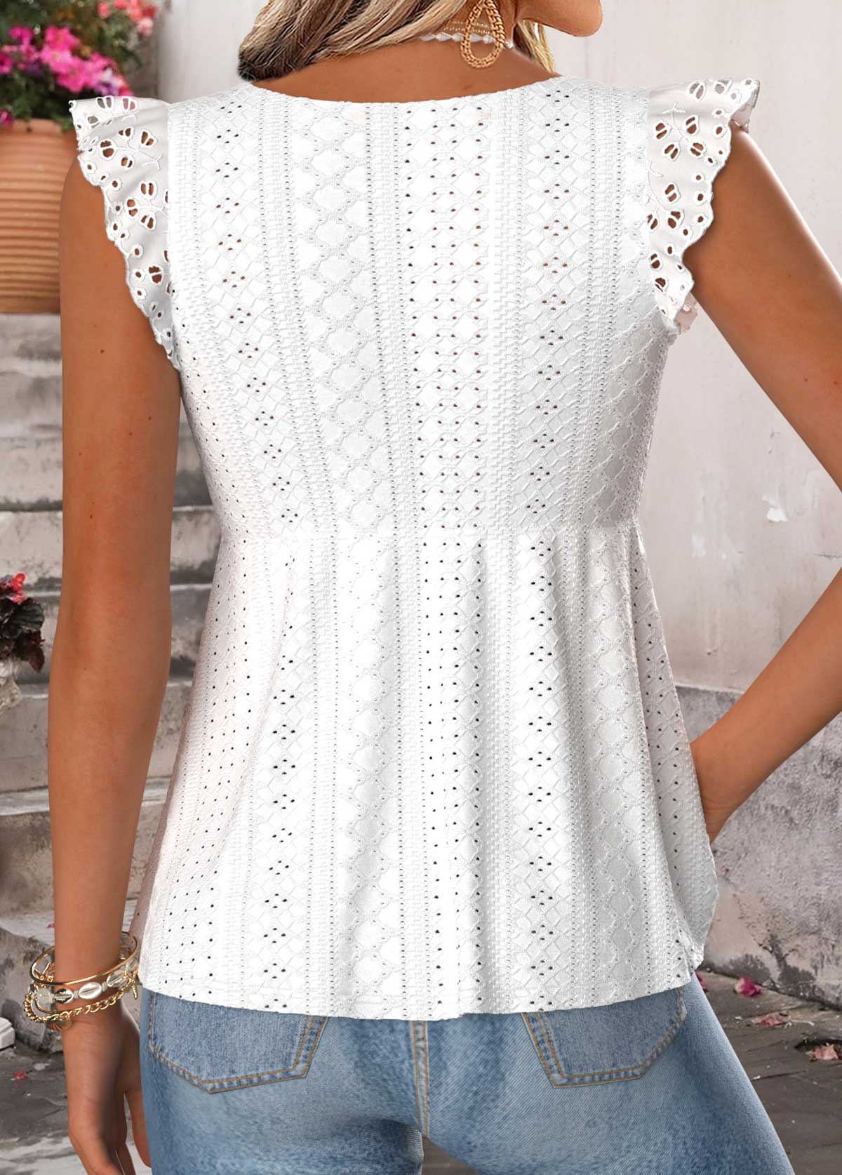 Raw White Peplum Short Sleeve V Neck Tank Top | picture 